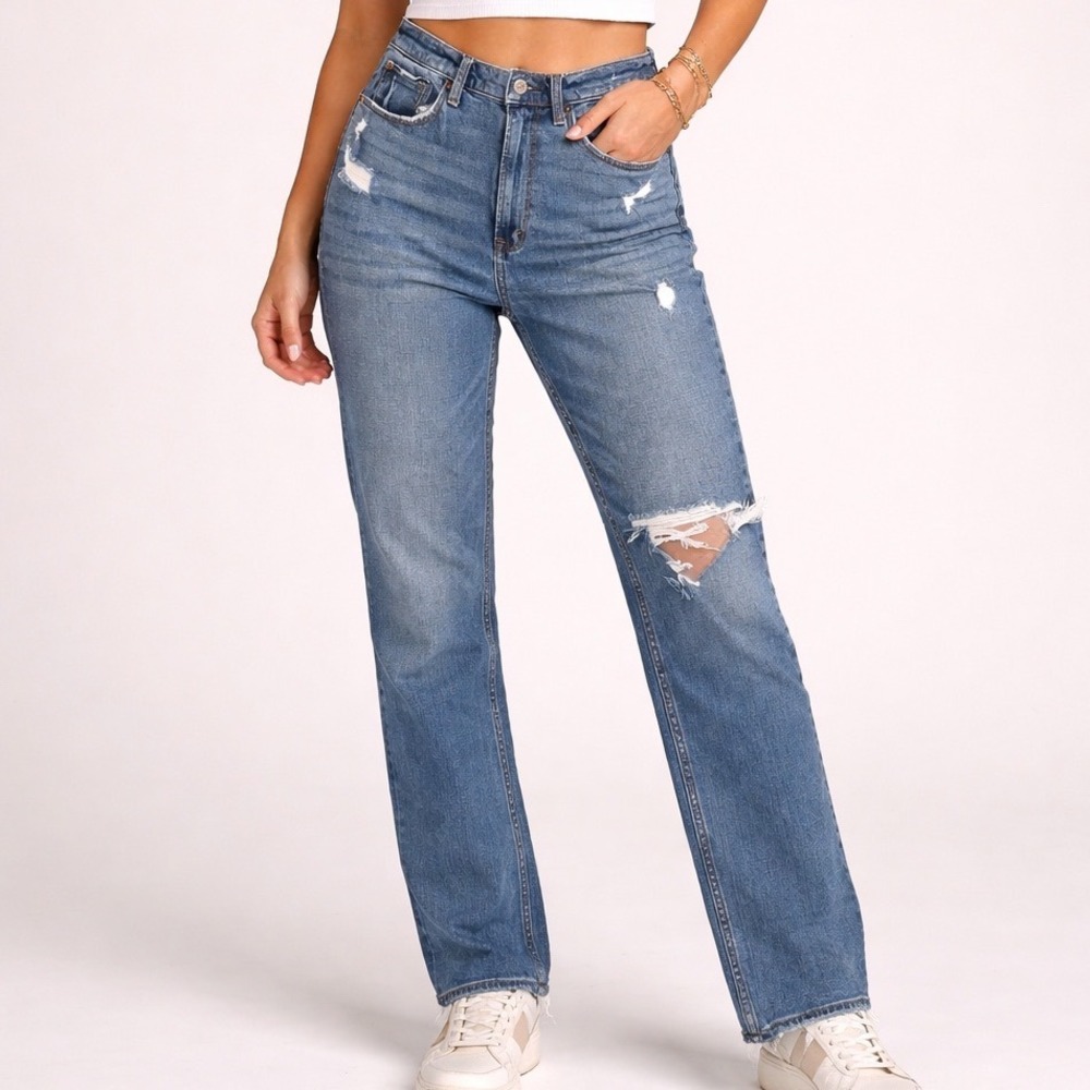 Abercrombie & Fitch Curve Love High Rise Ankle Straight Distressed Jeans 28 H2